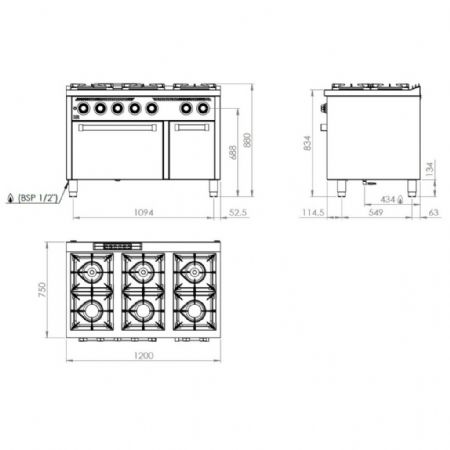 Cuisinière gaz 6 brûleurs 52,9 kW - Hr Fainca - C6F750H