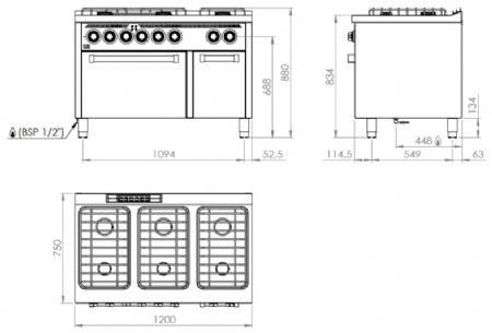 Fourneau professionnel électrique sur four électrique gn 2/1 avec 6 brûleurs 3x8,5 + 3x6,8 kW - 1200x750x880