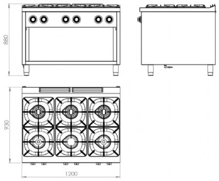 Fourneau professionnel à gaz sur placard ouvert avec 6 brûleurs 3x10,5 + 3x8,5 kW - 1200x930x880 mm