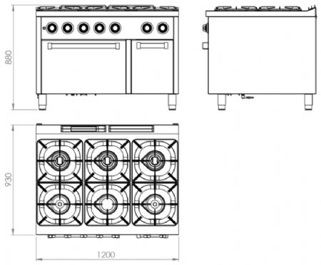 Fourneau professionnel à gaz sur four à gaz gn 2/1 avec 6 brûleurs 3x10,5 + 3x8,5 kW - 1200x930x880 mm