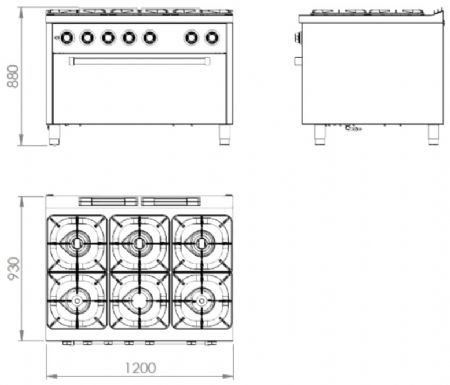 Fourneau professionnel à gaz sur four à gaz maxi avec 6 brûleurs 3x10,5 + 3x8,5 kW - 1200x930x880 mm
