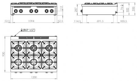 Fourneau de table professionnel à gaz avec 6 brûleurs 3x10,5 + 3x8,5 kW - 1200x930x322 mm