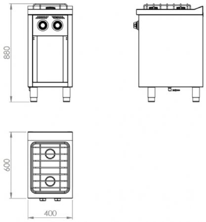 Fourneau à gaz professionnel sur placard ouvert avec 2 brûleurs 5,5 kW - 400x600x880 mm