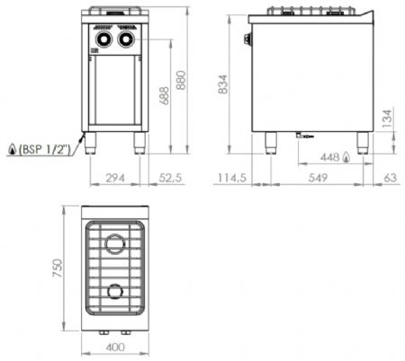 Fourneau professionnel à gaz sur placard ouvert avec 2 brûleurs 7,5 + 5,5 kW - 400x750x880 mm
