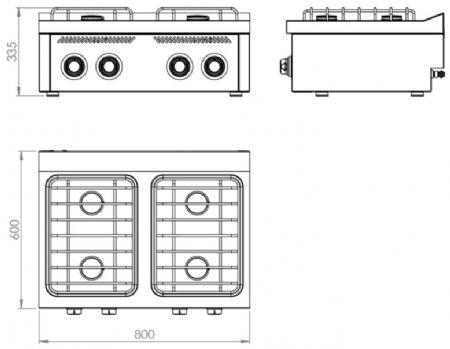 Fourneau de table à gaz professionnel avec 4 brûleurs 5,5 kW - 800x600x335 mm