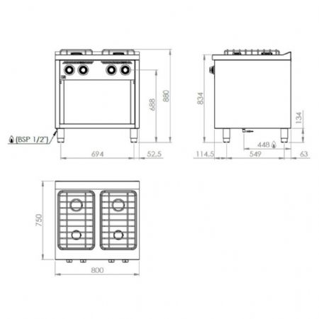 Cuisinière gaz sur placard 4 brûleurs 19 kW - Hr Fainca - CB4F750E