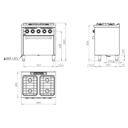 Cuisinière Gaz 4 brûleurs 27 kW à poser - Hr Fainca - CB4F750H