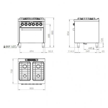 Cuisinière Gaz 4 brûleurs 26 kW - Hr Fainca - CB4F750HE