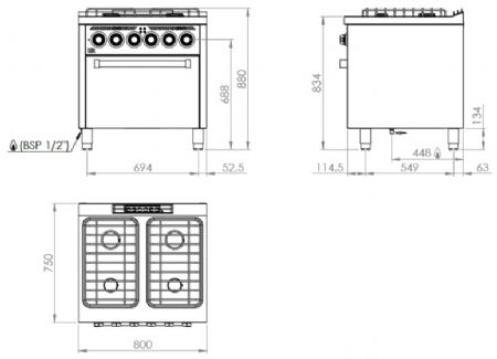 Fourneau professionnel à gaz sur four électrique gn 2/1 avec 4 brûleurs 2x7,5 + 2x5,5 kW - 800x750x880 mm