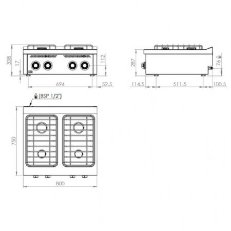 Cuisinière gaz à poser 4 brûleurs 19 kW - Hr Fainca - CB4F750S