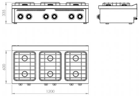 Fourneau de table à gaz professionnel avec 6 brûleurs 5,5 kW - 1200x600x335 mm