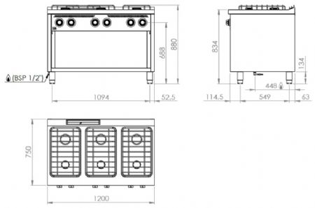 Fourneau professionnel à gaz sur placard ouvert avec 6 brûleurs 3x7,5 + 3x5,5 kW - 1200x750x880 mm