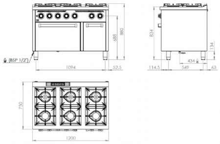 Fourneau professionnel à gaz sur four gaz gn 2/1 avec 6 brûleurs 3x7,5 + 3x5,5 kW - 1200x750x880 mm
