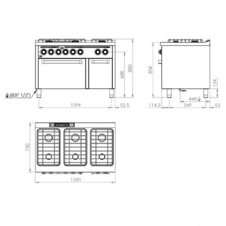 Cuisinière gaz 6 brûleurs 39 kW avec four électrique - Hr Fainca - CB6F750HE
