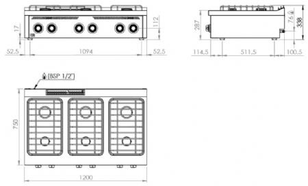 Fourneau de table professionnel à gaz avec 6 brûleurs 3x7,5 + 3x5,5 kW - 1200x750x335 mm