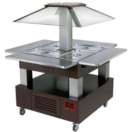 Îlot buffet chauffant bain-marie coupole motorisée 4 x GN 1/1 150 mm bois wengé 1435x1435x1540 mm - Diamond - CBM/4D-B1_KM