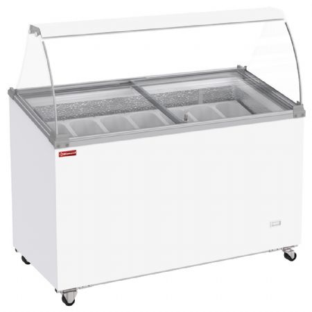 Conservateur comptoir  glaces 381 litres couvercles coulissants sur roulettes avec vitres bombes  capacit 7 bacs
