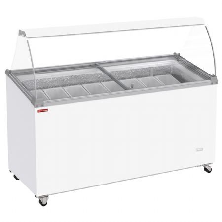 Conservateur comptoir  glaces 467 litres couvercles coulissants sur roulettes avec vitres bombes  capacit 8 bacs
