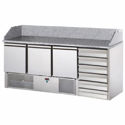 Table à pizza 3 portes GN 1/1 avec 6 tiroirs neutres format 600x400 mm Table à pizza 3 portes GN 1/1 avec 6 tiroirs neutres format 600x400 mm