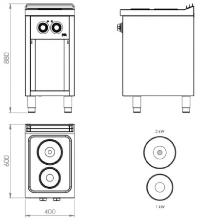 Fourneau électrique professionnel sur placard ouvert avec 2 plaques - 3 kW - 400x600x880 mm