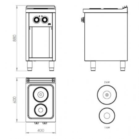 Fourneau profondeur 600 Triphasé 4 plaques 3 kW sur placard - Hr Fainca - CE2P600E