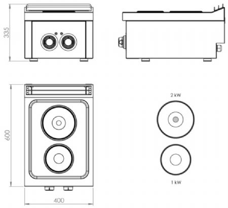 Fourneau électrique de table professionnel avec 2 plaques - 3 kW - 400x600x335 mm