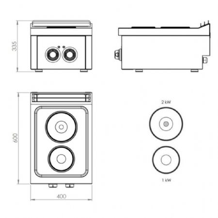 Fourneau profondeur 600 Triphasé 2 plaques 3 kW - Hr Fainca - CE2P600S
