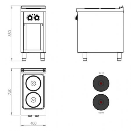 Cuisinière sur placard 2 plaques Triphasé 5,2 kW - Hr Fainca - CE2P750E