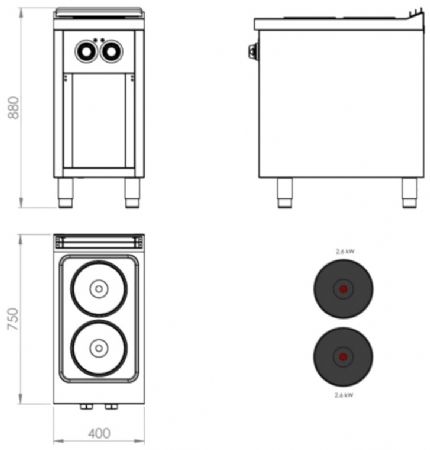 Fourneau professionnel électrique sur placard ouvert avec 2 plaques 2,6 kW - 400x750x880 mm