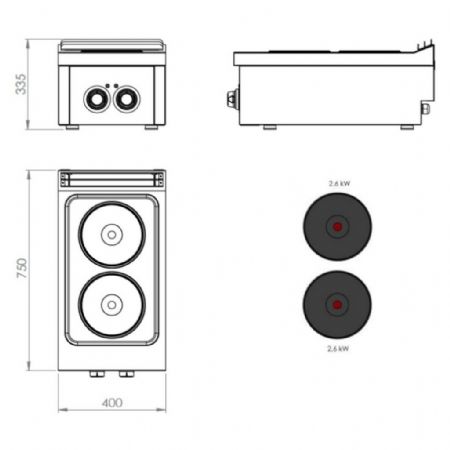 Cuisinière électrique 2 plaques Triphasé 5,2 kW - Hr Fainca - CE2P750S