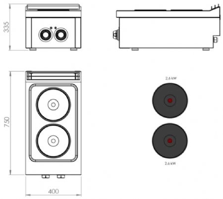 Fourneau de table professionnel électrique avec 2 plaques 2,6 kW - 400x750x335 mm