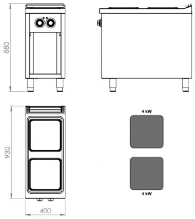 Fourneau professionnel électrique sur placard ouvert avec 2 plaques 4 kW - 400x930x880 mm