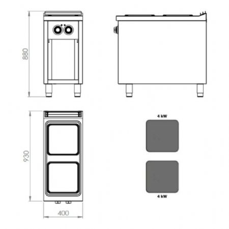 Fourneau profondeur 900 Monophasé 2 plaques 8000 kW - Hr Fainca - CE2P900E
