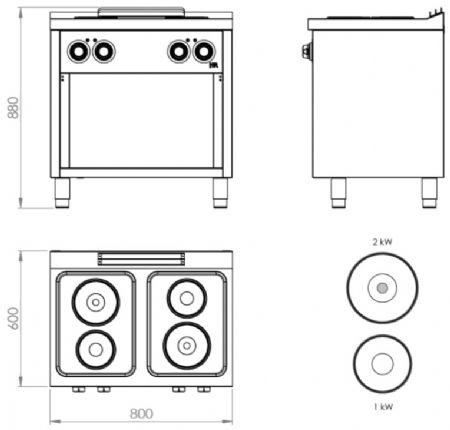 Fourneau électrique professionnel sur placard ouvert avec 4 plaques - 6 kW - 800x600x880 mm