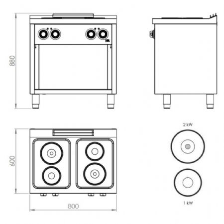 Fourneau profondeur 600 Triphasé 4 plaques 6 kW sur placard - Hr Fainca - CE4P600E