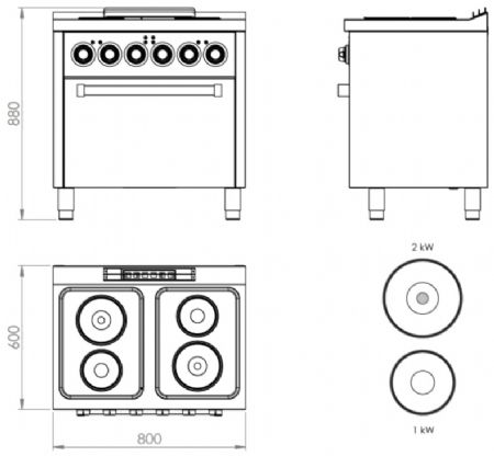 Fourneau électrique professionnel sur four électrique gn 1/1 avec 4 plaques - 9,5 kW - 800x600x880 mm
