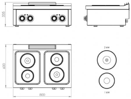 Fourneau électrique de table professionnel avec 4 plaques - 6 kW - 800x600x335 mm