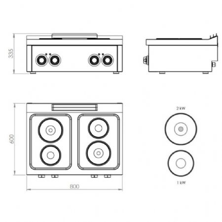 Fourneau profondeur 600 Triphasé 4 plaques 6 kW - Hr Fainca - CE4P600S