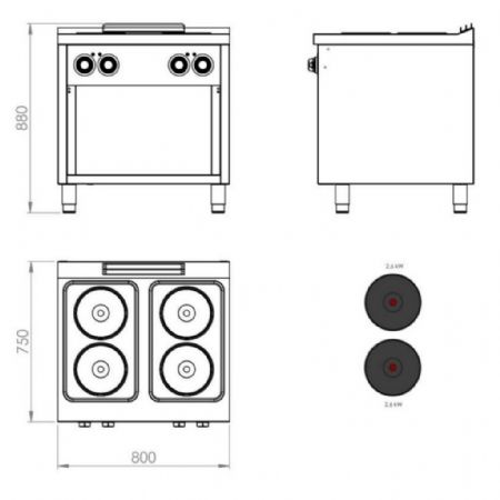 Cuisinière sur placard 4 plaques triphasé 10,4 kW - Hr Fainca - CE4P750E
