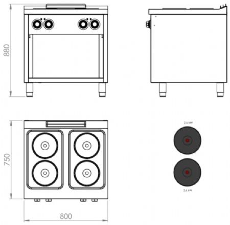 Fourneau professionnel électrique sur placard ouvert avec 4 plaques 2,6 kW - 800x750x880 mm