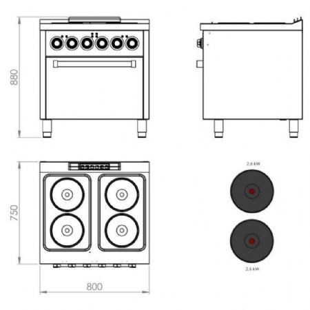 Cuisinière Triphasé 4 feux 15,4 kW - Hr Fainca - CE4P750H