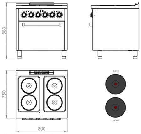 Fourneau professionnel électrique sur four électrique gn 2/1 avec 4 plaques 2,6 kW - 800x750x880 mm