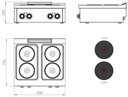 Fourneau de table professionnel électrique avec 4 plaques 2,6 kW - 800x750x335 mm