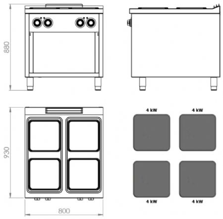 Fourneau professionnel électrique sur placard ouvert avec 4 plaques 4 kW - 800x930x880 mm