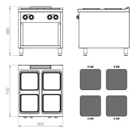 Fourneau profondeur 900 monophasé 4 plaques 16000 kW sur placard - Hr Fainca - CE4P900E
