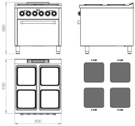 Fourneau professionnel électrique sur four électrique gn 2/1 avec 4 plaques 4 kW - 800x930x880 mm