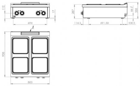 Fourneau de table professionnel électrique avec 4 plaques 4 kW - 800x930x335 mm