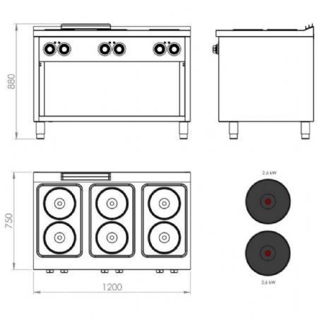 Cuisinière sur placard 6 plaques Triphasé 15,6 kW - Hr Fainca - CE6P750E