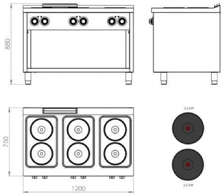 Fourneau professionnel électrique sur placard ouvert avec 6 plaques 2,6 kW - 1200x750x880 mm