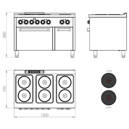 Cuisinière Triphasé 6 feux 20,6 kW - Hr Fainca - CE6P750H